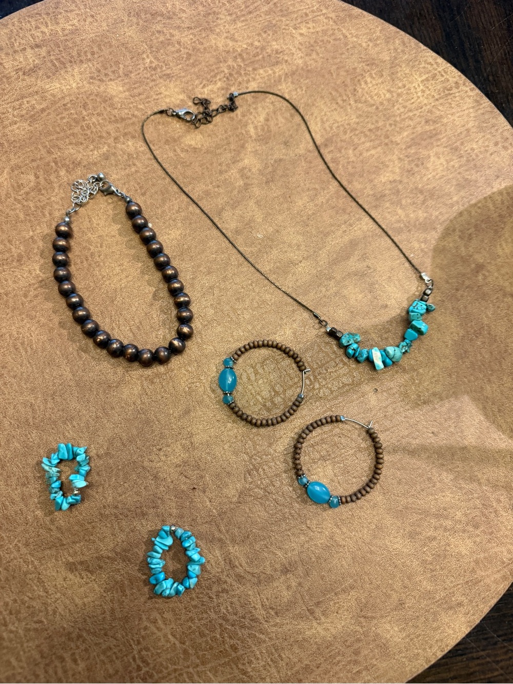 Turquoise (fashion) brown jewelry set-1 necklace, bracelet , earrings, & 2 rings